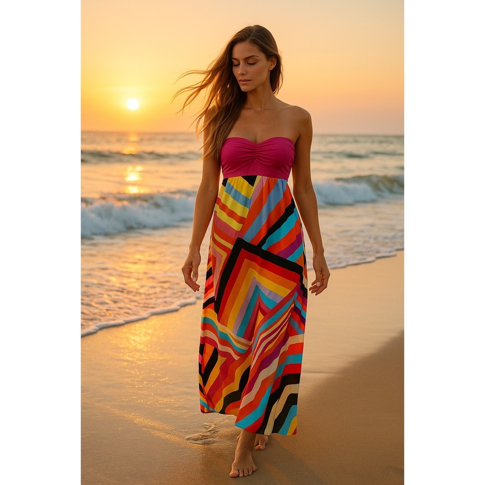 Judith March Strapless Colorful Maxi Dress M Abstract Geo Print Resort Vacation